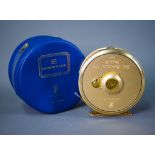 A Hardy gilt metal 4" fly reel, The Sovereign 9/10 serial no.328, in padded blue vinyl case