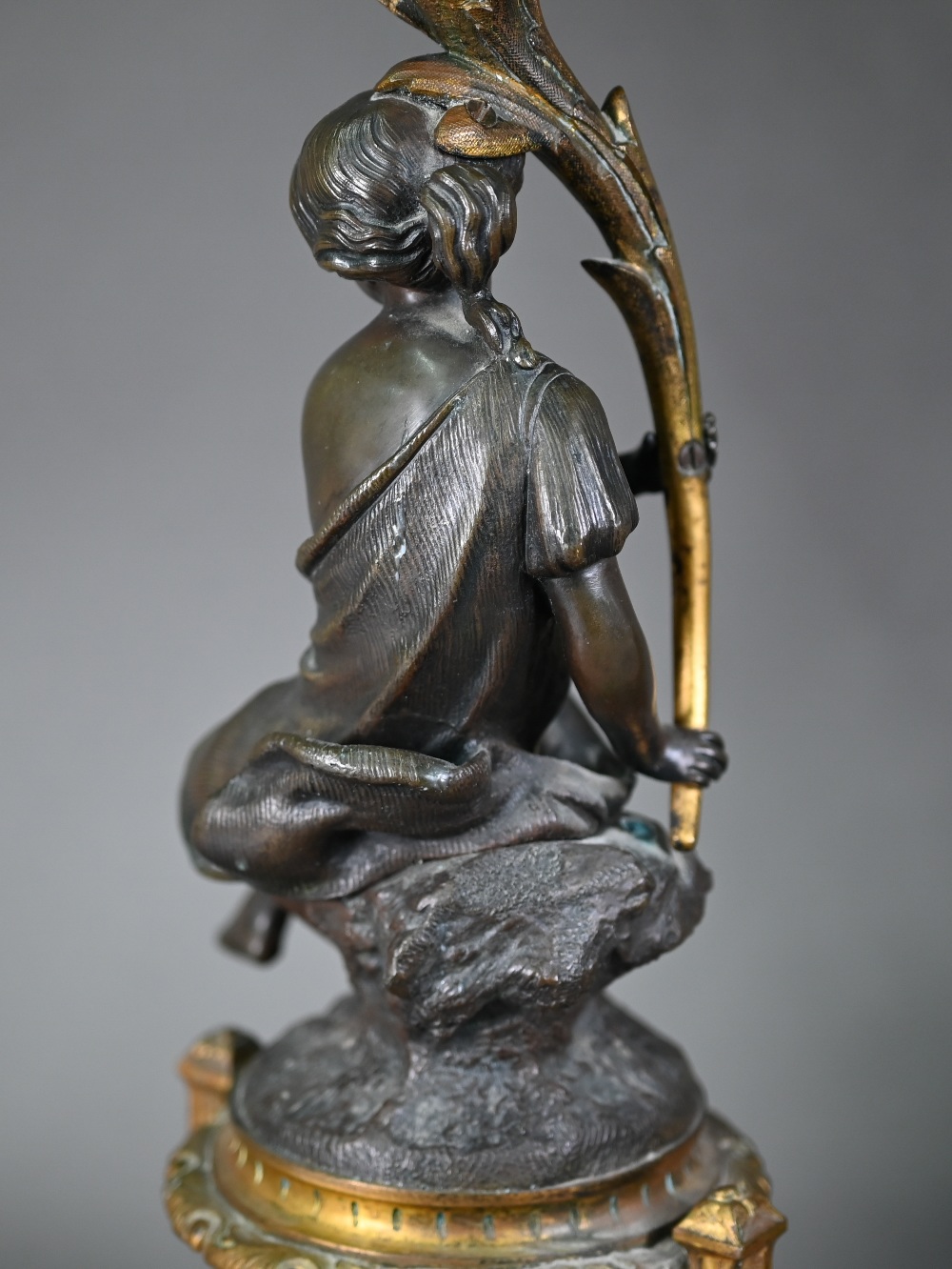 A good pair of French bronze, ormolu and marble six branch candelabra, the seated classical female - Image 8 of 8