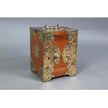 A Chinese rosewood jewellery or keepsake cabinet with engraved brass mounts and top handle, the