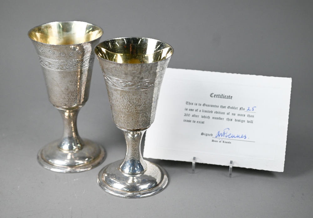A pair of Lincoln Cathedral planished silver goblets with foliate engraving, limited edition nos. - Image 2 of 7