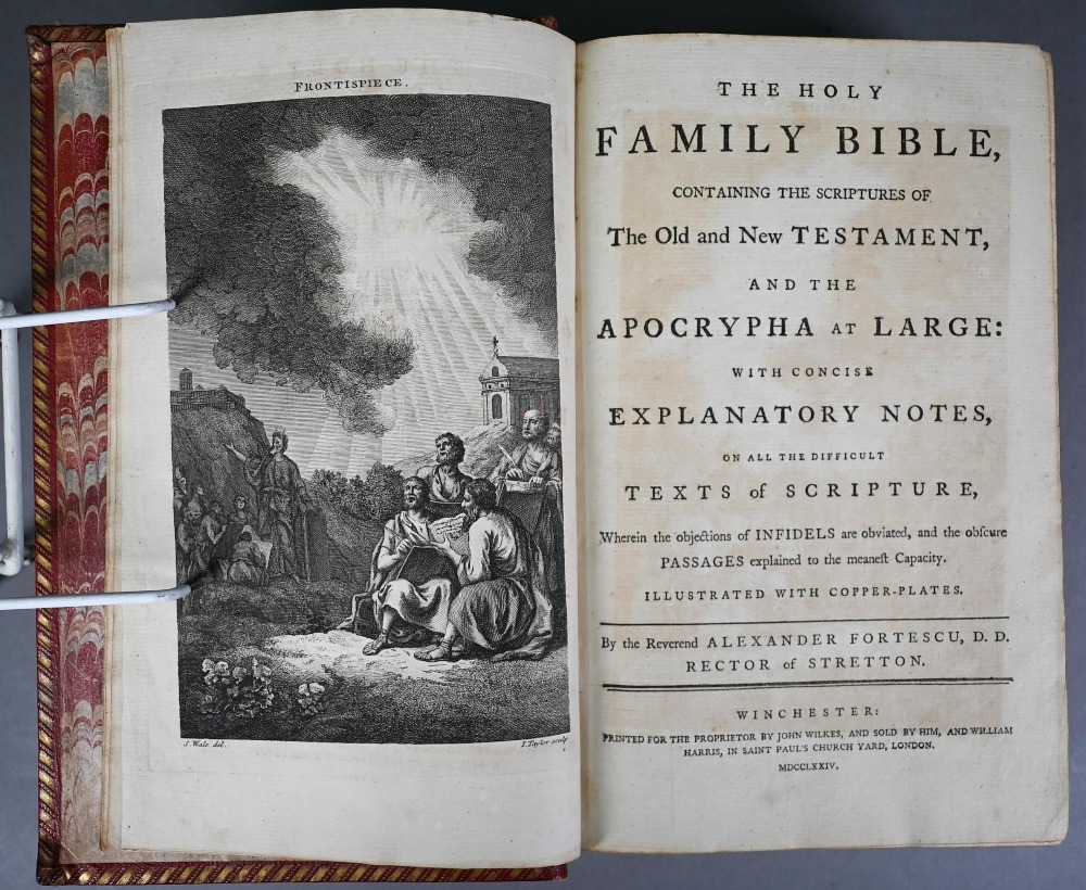 Holy Bible, notes by Rev Alexander Fortescu[sic], Rector of Stretton, Winchester 1774, gilt dec full - Image 4 of 5