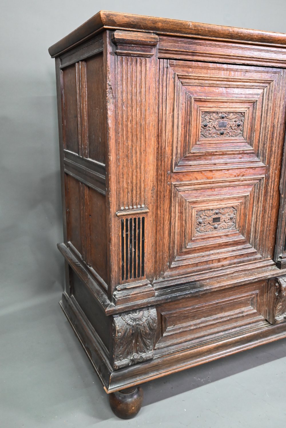 A 17th century jointed oak cupboard, with two moulded panelled doors over a full width drawer, - Image 4 of 10