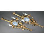 A pair of good ormolu twin branch ribbon, bow and swag form  wall sconces with oval jasperware