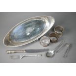 Edwardian silver snuffers tray with beaded rim, Harold Child, London 1905, 26cm wide, to/w three