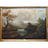 19th century English school - Landscape of ruined castle under stormy sky before lake, oil on