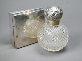 Victorian cut glass globular scent bottle with silver screw bun cover, London 1896, 11cm, to/w an