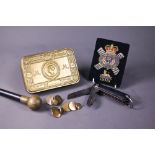 A WWI Queen Mary Christmas tin to/w a Cameron Highlanders officers swagger stick, cap badge and