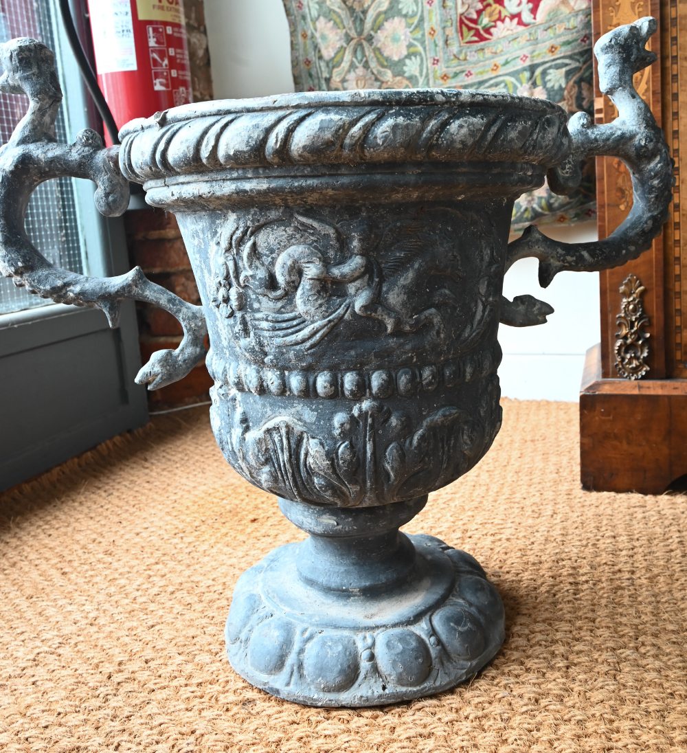 A pair of antique classical style lead urns, with dragon handles, 56 cm h (2) original, bodies - Image 3 of 6