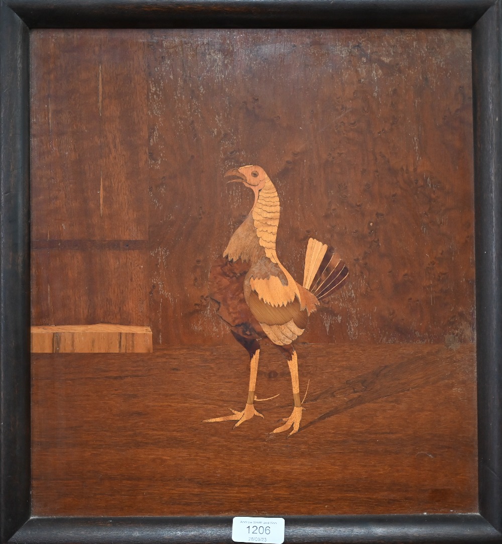 A pair of marquetry panels depicting fighting-cocks, 37 x 34 cm, in moulded frames (2) - Image 3 of 3