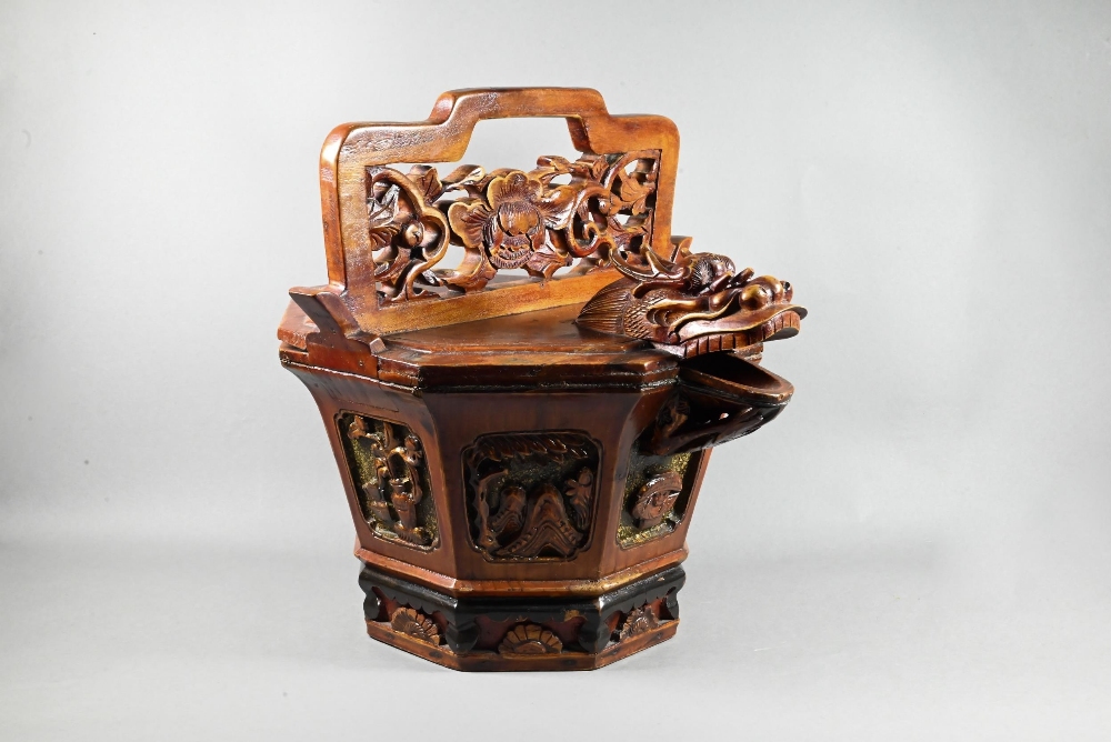 A Chinese stained hardwood water bucket of tapering octagonal form with floral and foliate fret- - Image 2 of 10
