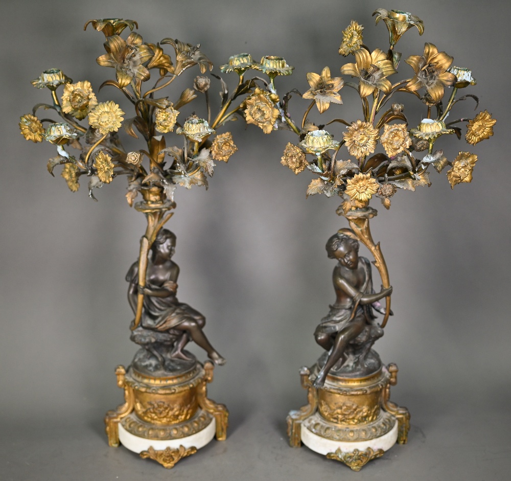 A good pair of French bronze, ormolu and marble six branch candelabra, the seated classical female - Image 2 of 8