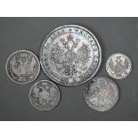 A collection of mostly 19th century silver coinage, including British, Empire, USA, Russia, Europe