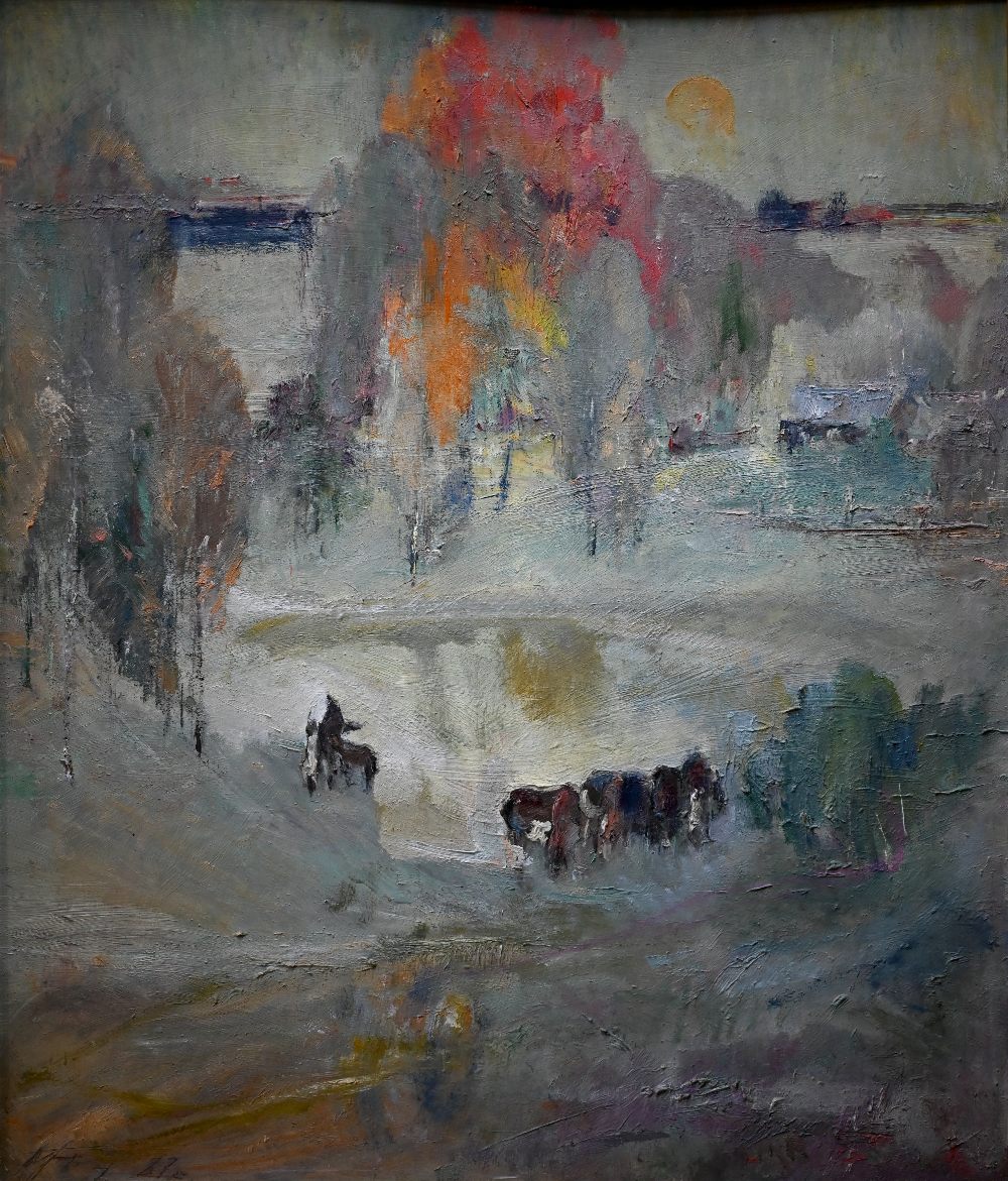 20th century Russian school - A semi-abstract landscape with horses, oil on board, signed bottom