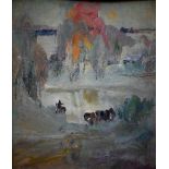 20th century Russian school - A semi-abstract landscape with horses, oil on board, signed bottom