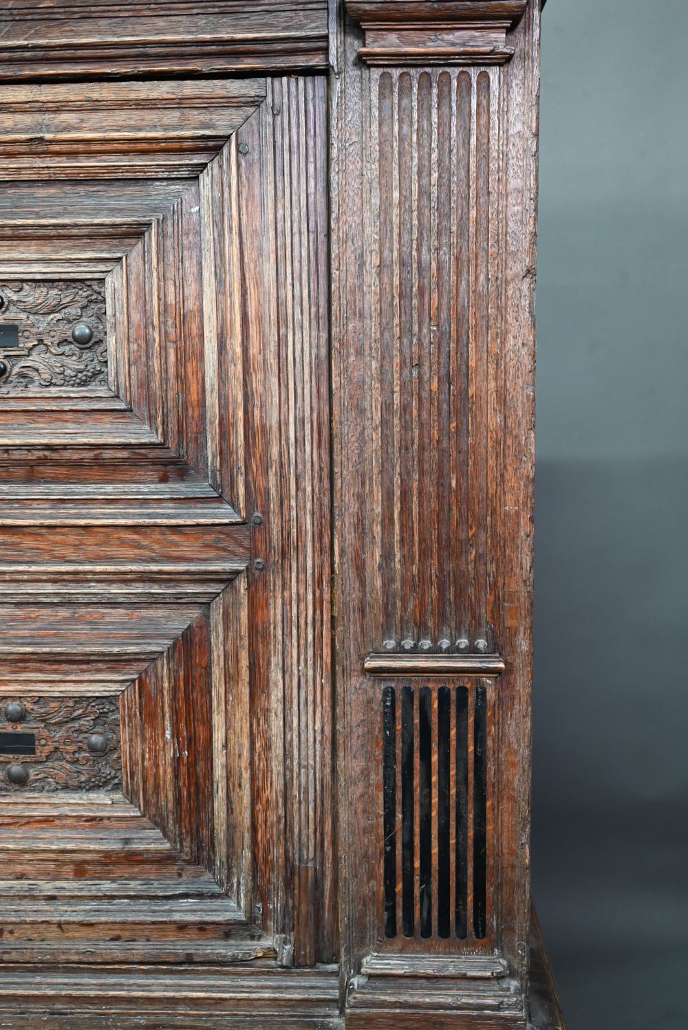 A 17th century jointed oak cupboard, with two moulded panelled doors over a full width drawer, - Image 10 of 10