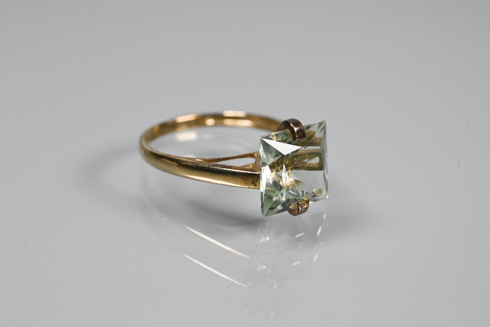 An oval aquamarine set in yellow metal scroll setting stamped 585, size O c/w accompanying - Image 5 of 9
