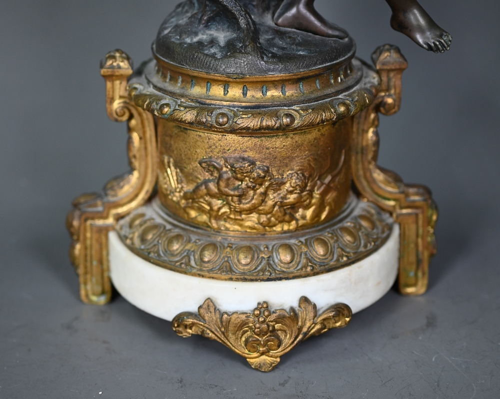 A good pair of French bronze, ormolu and marble six branch candelabra, the seated classical female - Image 6 of 8