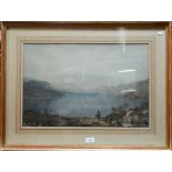 T M Richardson attrib - Scottish landscape with fisherman, watercolour, 36 x 54 cm