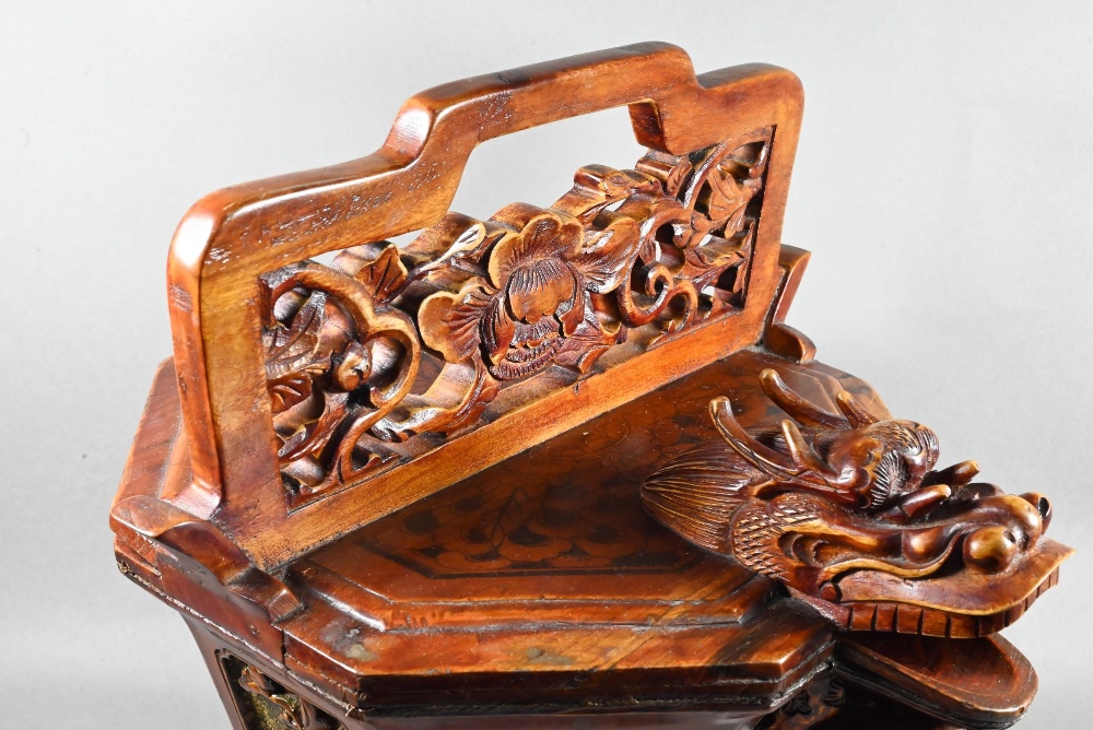 A Chinese stained hardwood water bucket of tapering octagonal form with floral and foliate fret- - Image 4 of 10