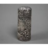 A Victorian silver-scent flask with glass liner, richly embossed and chased with floral and