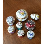 Four small Halcyon Days enamel pill-boxes, to/w two Crummles examples a similar unmarked Easter