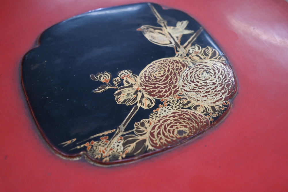 A Japanese red lacquer circular box with hinged cover and central black and gilt Kachio Ga panel, 28 - Image 3 of 5