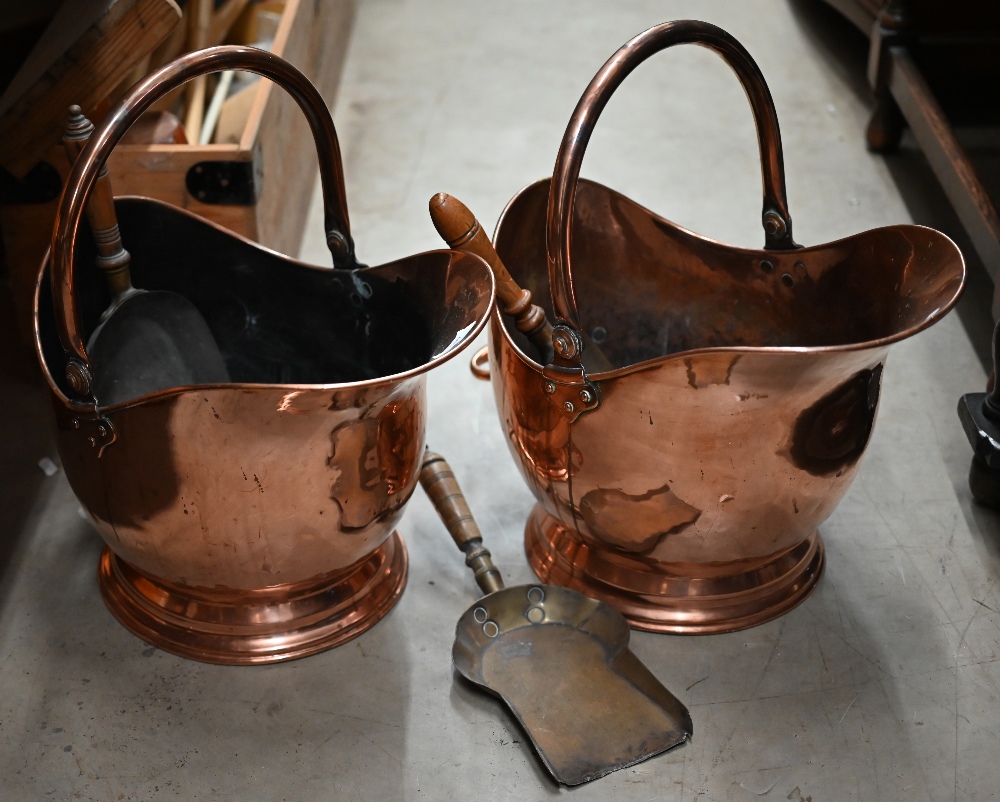 A pair of antique copper helmet scuttles with swing handles, c/w three various shovels - Image 2 of 2