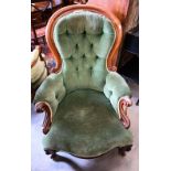 Victorian mahogany framed armchair, green button back upholstery
