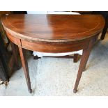 A Victorian mahogany demi-lune tea table. raised on square tapering legs to block toes, 92 cm x 46