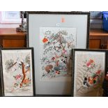 Three framed Asian silkwork longstitch panels