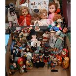 Five various rubber/plastic dolls to/w various costume dolls, toy rocking horses, etc (2 boxes)