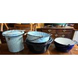 Vintage enamel wares - two sets of jam pans (1 black, 1 blue) and a bread bin