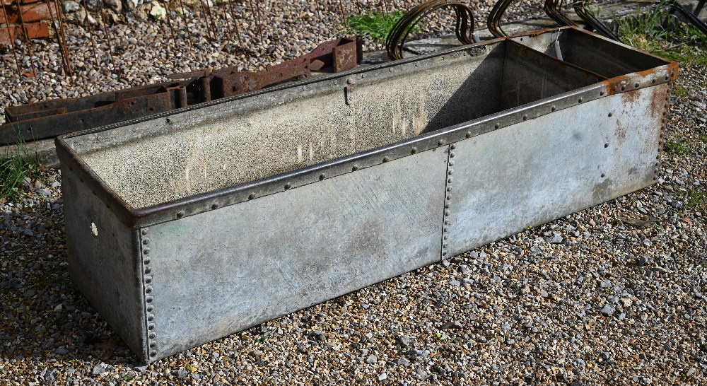 A vintage galvanised cattle trough, 187 x 48 x 420 cm h