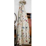 Four curtains featuring crewel-work flowers on cream cotton ground, gathered headings, lined and