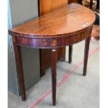 A 19th century mahogany demi lune folding card table with blue baize lining, 92 cm wide x 46 cm deep