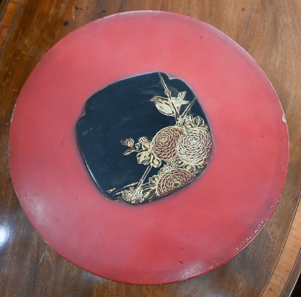 A Japanese red lacquer circular box with hinged cover and central black and gilt Kachio Ga panel, 28 - Image 2 of 5