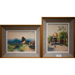 Two oil on canvas studies - an Indian courtyard with figures and an African landscape, both