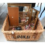 A vintage wicker laundry-hamper, to/w a hookah pipe, a Zeiss Ikon Super Ikonte camera and a triptych