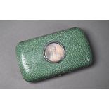 Antique continental hinged trinket-case with shagreen cladding and white metal mounts, inset with