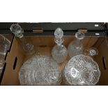 Three glass decanters, two bowls, a cheese dish and other glass (box)