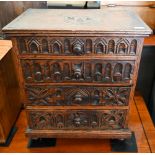 A 19th century carved oak four drawer table top chest dated 1850, 34 x 22 x 38 cm high