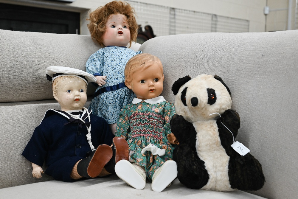 A composite 'walking doll', 50 cm to/w two other composite dolls and a soft toy panda with inner