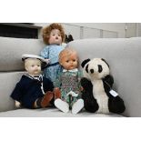 A composite 'walking doll', 50 cm to/w two other composite dolls and a soft toy panda with inner
