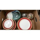 Losol Ware pottery part dinner service with maroon and gilt borders to/w a stoneware vase and