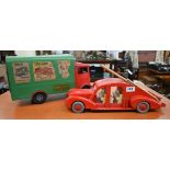 A Tri-ang Transport Van, no 200, to/w a vintage painted wood 'racing fire engine' (2)