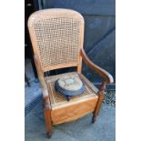 A vintage beech cane panelled commode chair to/with a Victorian gout stool - both a/f (2)