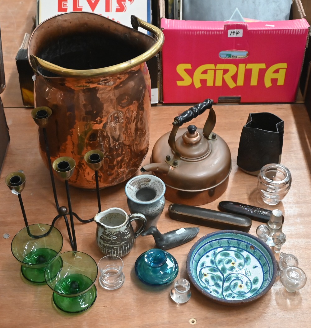 A copper coal scuttle and kettle, various pottery and glass etc (box)
