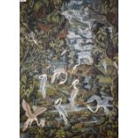 A Balinese oil on calico of cranes in a jungle setting, signed Lodra, Bali, 92 x 66 cm