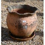 A weathered terracotta planter (40 cm high x 42 cm diameter) and circular tray (2)