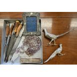 Two ep pheasant table ornaments, 30/22 cm long to/w a three-piece carving set with silver-mounted